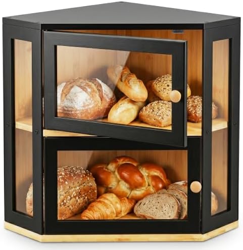 Black Corner Bread Box for Kitchen Countertop, Extra Large Bamboo Storage Breadbox, 2 Tier Modern Bread Bin Container for Homemade Bread with Acrylic Door Panel, Kitchen Organization