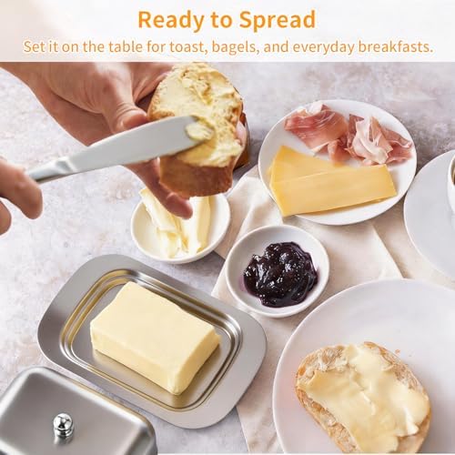 Stainless Steel Butter Dish with Lid and Handle, 7.5" x 5", Fits 2