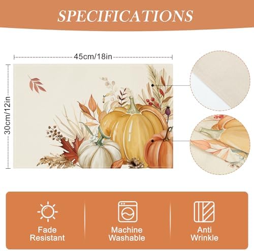 Bonhause Pumpkin Leaves Fall Placemats Set of 4, 12x18 Inch Autumn
