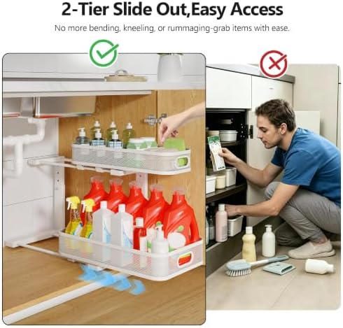 2 Pack Under Sink Organizer With Smooth Cylindrical Rail,2-Tier Pull
