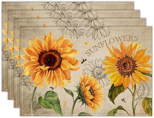 Sunflower Linen Placemats Set of 4, 12x18 Inch Farmhouse Spring Summer