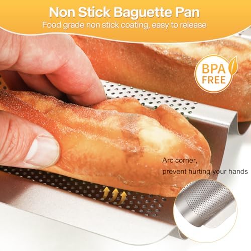 Baguette Bread Pan, Nonstick French Bread Baking Pan 3 Loaf, Golden