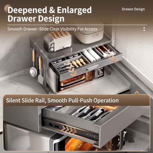 PureBox Microwave Oven Rack with Slide-Out Drawer, Gray