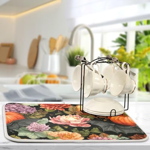 OTVEE Halloween Black Art Dish Drying Mat for Kitchen Counter