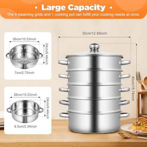 5-Tier Stainless Steel Steamer, Steamer Pot Meat Vegetable Cooking Steam Pot with Glass Lid Food-Grade Stainless Steel Food Cookware Pot for Dumplings and Vegetables Home Kitchen (Silver B 10inch)
