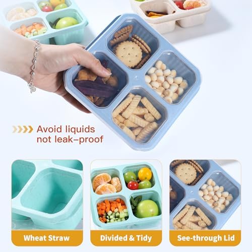8 Pack Wheat Straw Snack Containers, 4-Compartment Reusable Bento Box