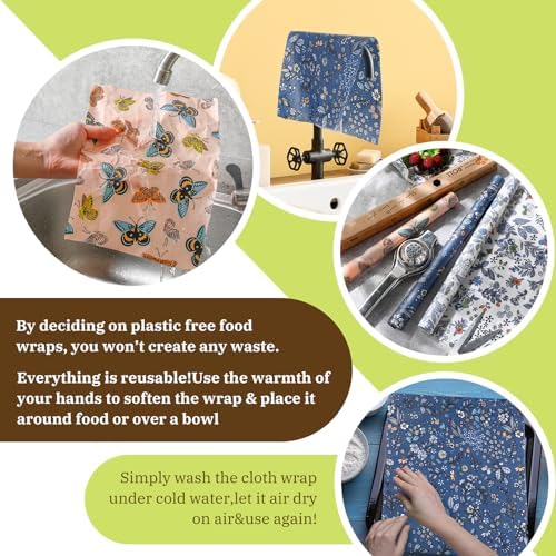 Moukeren Reusable Beeswax Wraps, 3 Rolls, 13 x 40"