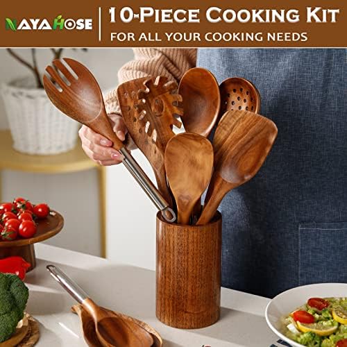 10-Piece Teak Wooden Utensil Set with Holder