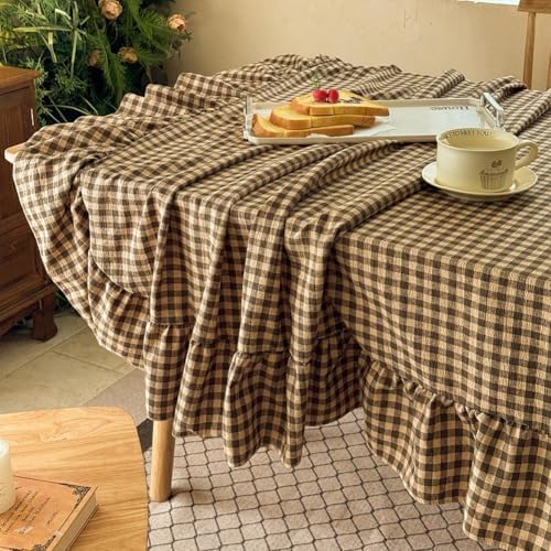 NSNLGSGC Tan Plaid Gingham Ruffled Tablecloth Rectangle 58"x84"
