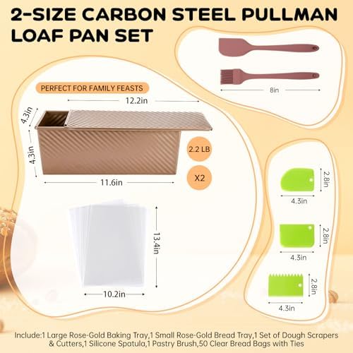2 Pack Pullman Loaf Pan with Lid - 2.2LB Non-Stick Bread Pan, Carbon
