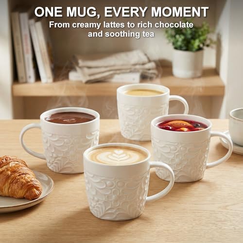 16 Oz Ceramic Coffee Mugs Set of 4, Rustic Embossed Nature Design