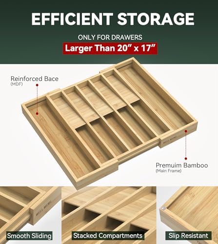 Expandable Silverware Drawer Organizer for Utensil,Bamboo 12 Slot