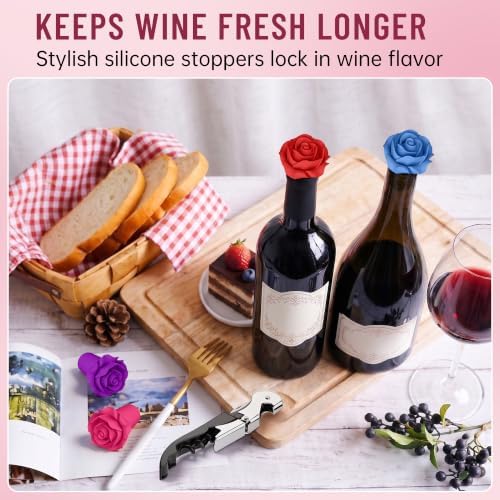 5‐Pack Silicone Wine Stopper Set, Rose Bottle Stopper+Wine Opener