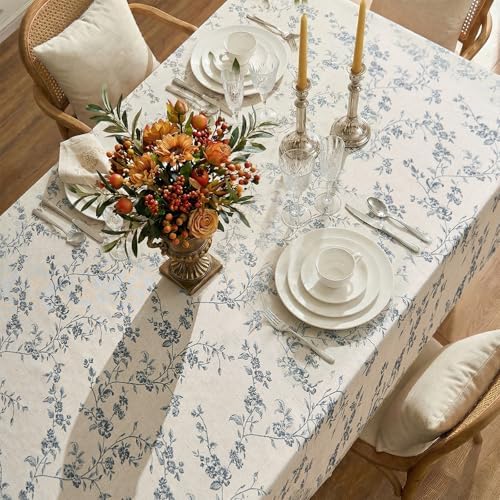 jinchan Blue Farmhouse Floral Linen Rectangle Table Cloth 52 x 70 Inch