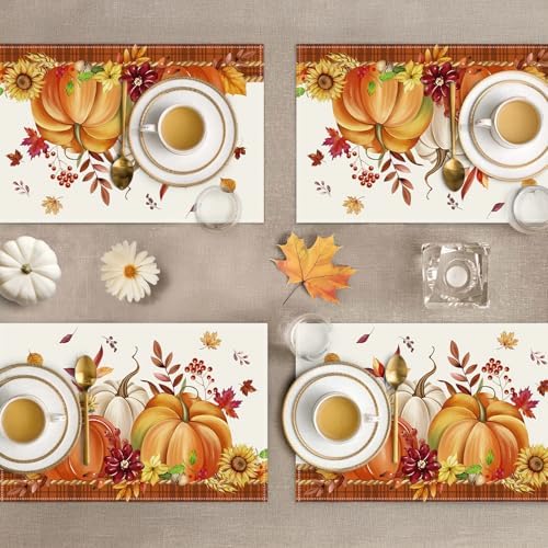 Bonhause Orange Pumpkins Fall Placemats Set of 4, 12x18 Inch Autumn