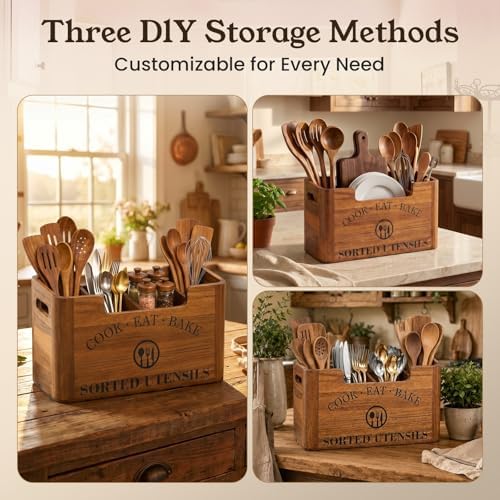 Upgraded Large 4-Compartment Acacia Wood Kitchen Utensil Holder
