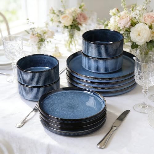 12PCS Ceramic Dinnerware Set for 4, Stoneware Plates and Bowls Sets