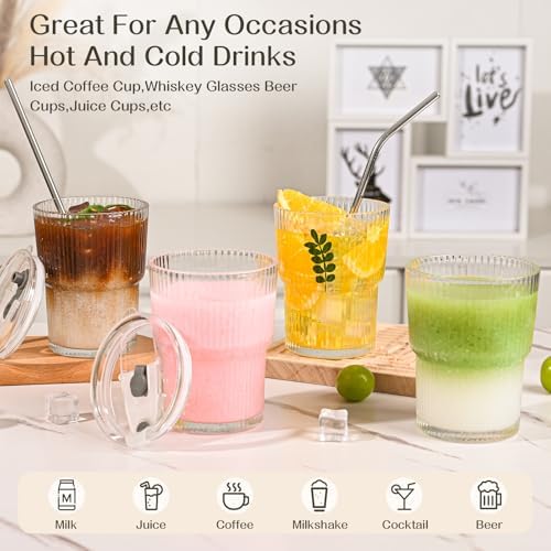 13oz Iced Coffee Cups,2Pcs Glass Cups with Lids and Straws Drinking