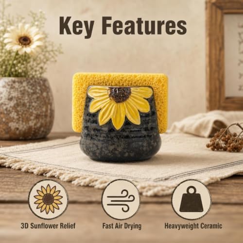 Ceramic Sunflower Dish Sponge Holder for Kitchen Sink