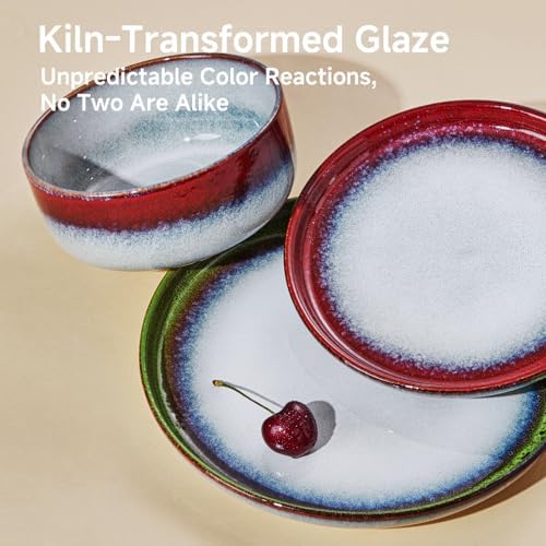 KINGSTONE Stoneware Dinnerware Sets for 8, Reactive Glaze, Kiln-Fired Red