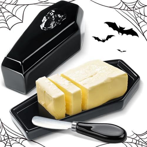 Reallnaive 2 Pcs Coffin Butter Dish with Lid, Gothic Skull Black,Flat