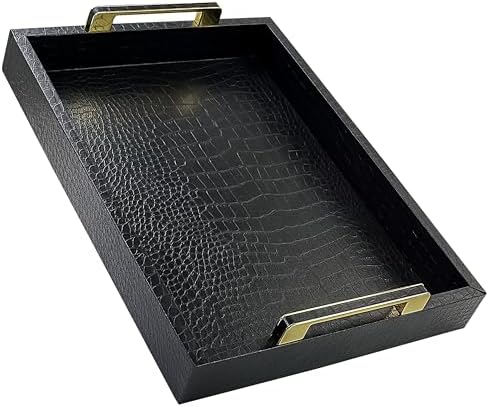 Luxury Faux Leather Serving Tray with Gold Handles, Black, 16x12