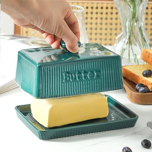 European Butter Dishes with Lid, 8oz Ceramic Butter Holder with Knob