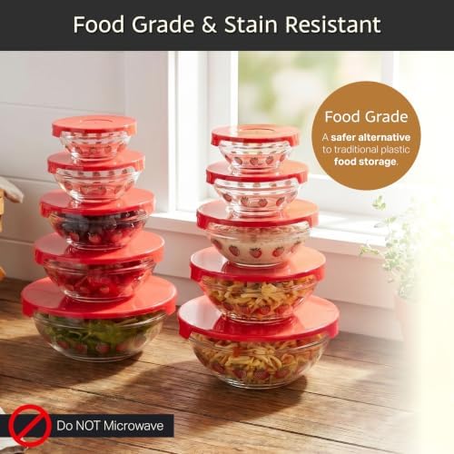 Classic Cuisine Glass Mixing Bowls with Lids, Strawberry, 10 Pack