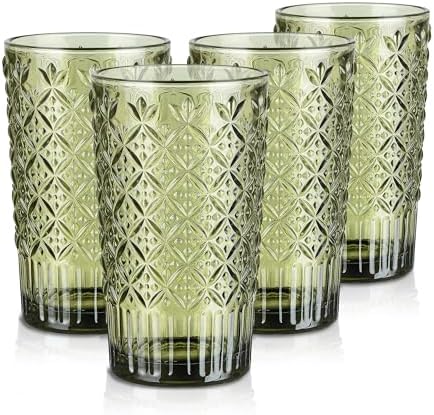 Joeyan Green Vintage Drinking Glasses,Embossed Highball Water Glass