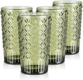 Joeyan Green Vintage Drinking Glasses,Embossed Highball Water Glass