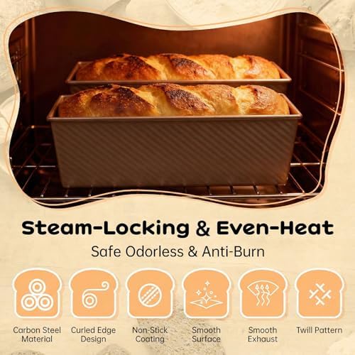 2 Pack Pullman Loaf Pan with Lid - 2.2LB Non-Stick Bread Pan, Carbon