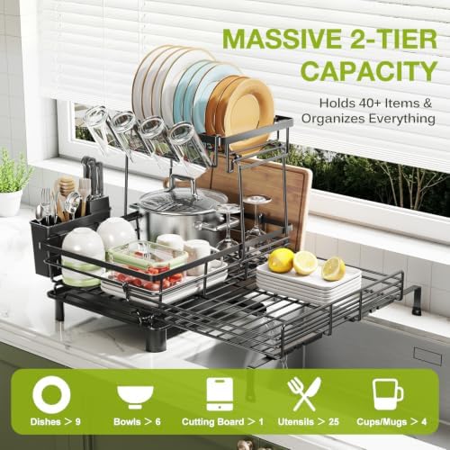 2-Tier Expandable Dish Drying Rack, Black