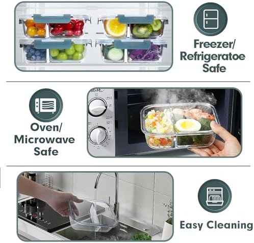 VERONES 10 PACK 30 OZ Glass Meal Prep Containers 2 Compartment Set