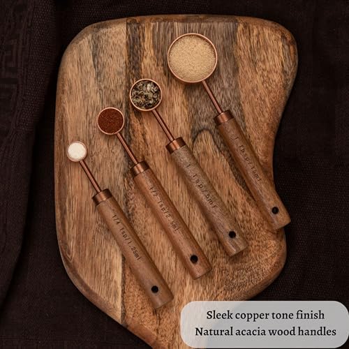 Copper Stainless Steel Measuring Cups and Spoons Set of 8, Wooden