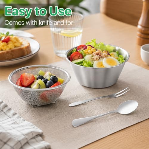 4 Pcs Mini Colander & Food Strainer with Fork & Spoon, 304 Stainless