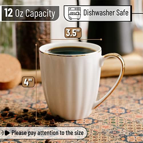 BTaT- White Porcelain Coffee Mug Set, 6 Pack, 12oz, Gold Trim Design