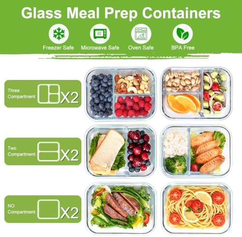 Glass Meal Prep Containers with Dividers, 6 Pack