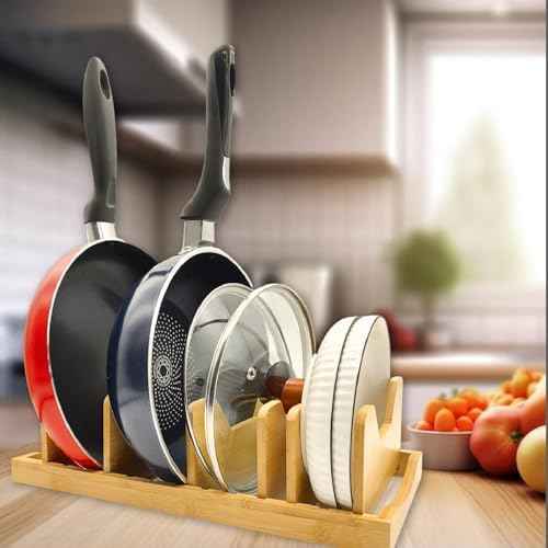 Bamboo Pot Lid Organizer for Cabinet & Kitchen Counter, Pan Lid Organizer Inside Cabinet, Pot Lid Holder, Sheet Pan Rack, Adjustable Pot Cover Holder Rack for Countertop, Under Cabinet