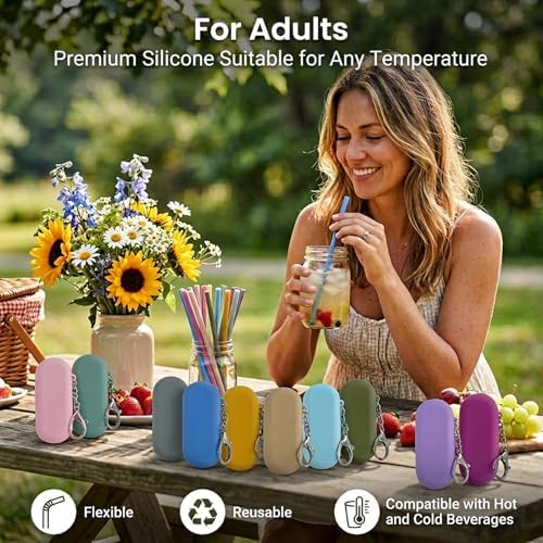 22 Sets Silicone Straws with Keychain Long Cleaning Brush and Carry