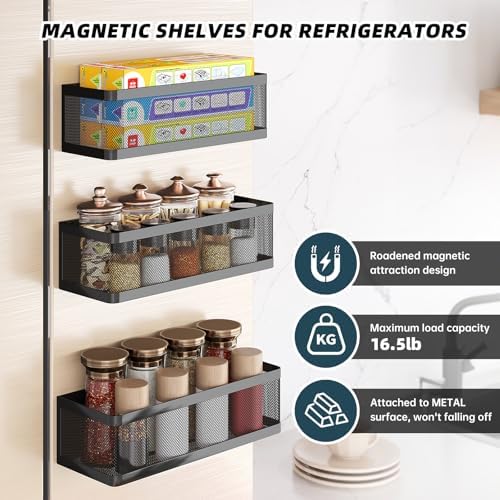 3-Pack Black Magnetic Spice Racks for Refrigerator