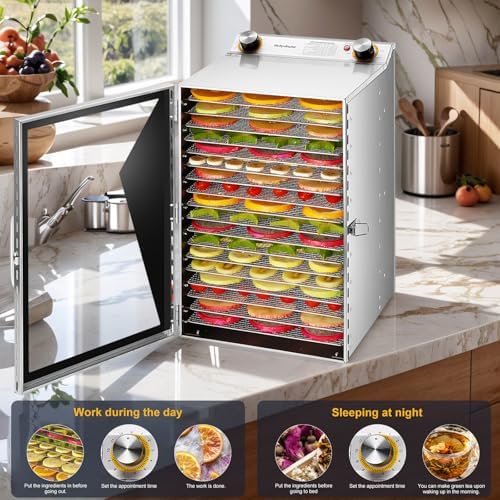 Food Dehydrator Machine, 18 Stainless Steel Trays, 24H Timer