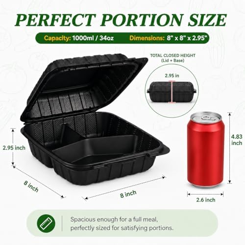 50Pack 8" X 8" 3-Compartment Clamshell To Go Food Containers With