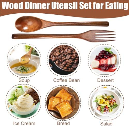 16 Pcs 9" Wooden Spoons Forks Set, Wood Dinner Utensil Set for Eating