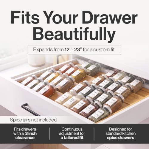 Bamboo Spice Drawer Organizer, Expandable 12 to 23 Inch Insert Holds