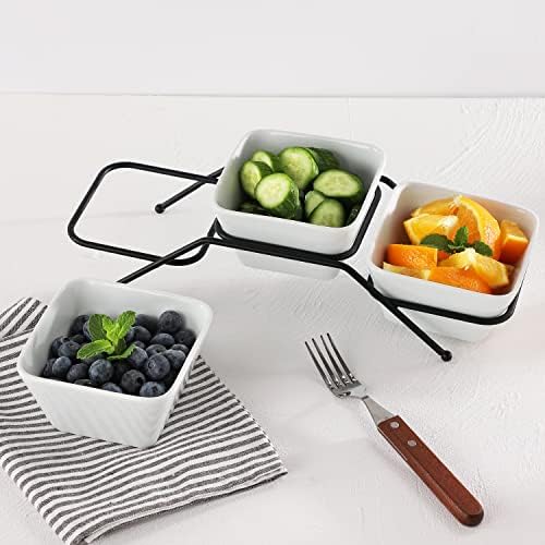 Buyajuju 3 pcs square bowl Porcelain Chip & Dip Serving Set With Black Metal Stand,4.5 inch White Small Serving Bowls for Side Dishes, Salsa, Appetizer, Serving Dishes for Entertaining 11.5 OZ