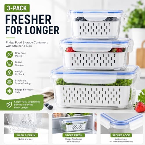 3-Pack Produce Keeper Containers with Strainers & Lids, Fruit and