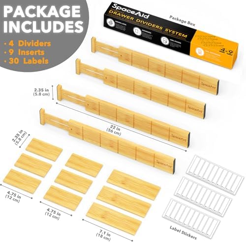 SpaceAid Bamboo Drawer Dividers with Inserts and Labels, Kitchen