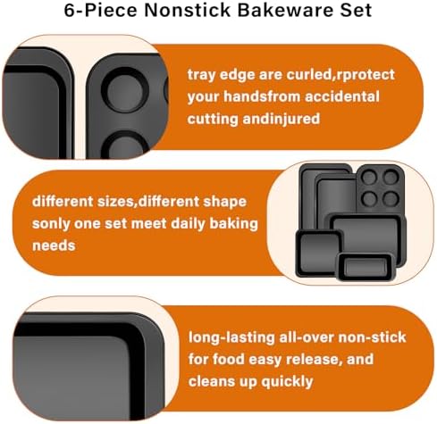 6-Piece Carbon Steel Bakeware Set, Nonstick Baking Pans with Cookie Sheet, Deep Roaster, Square Pan, Loaf Pan, Muffin Pan for Cooking,Baking Pans Set (black)