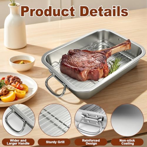 Stainless Steel Roasting Pan with Rack & Handles, 14.17 * 10.63 Inch Food-Grade Roasting Pan, Oven and Dishwasher Safe. Suitable for Turkey, Meat, Baking, Bread