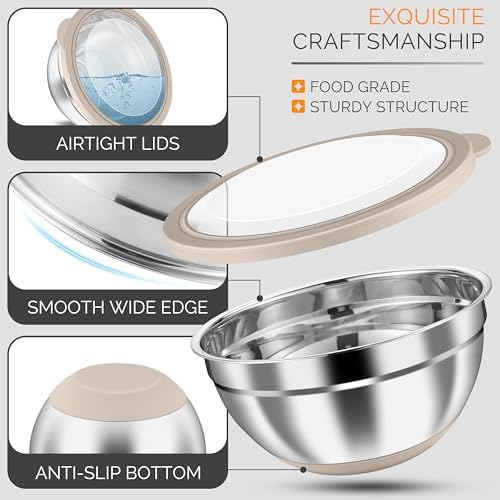 HaWare Stainless Steel Mixing Bowls with Airtight Clear Lids, Khaki